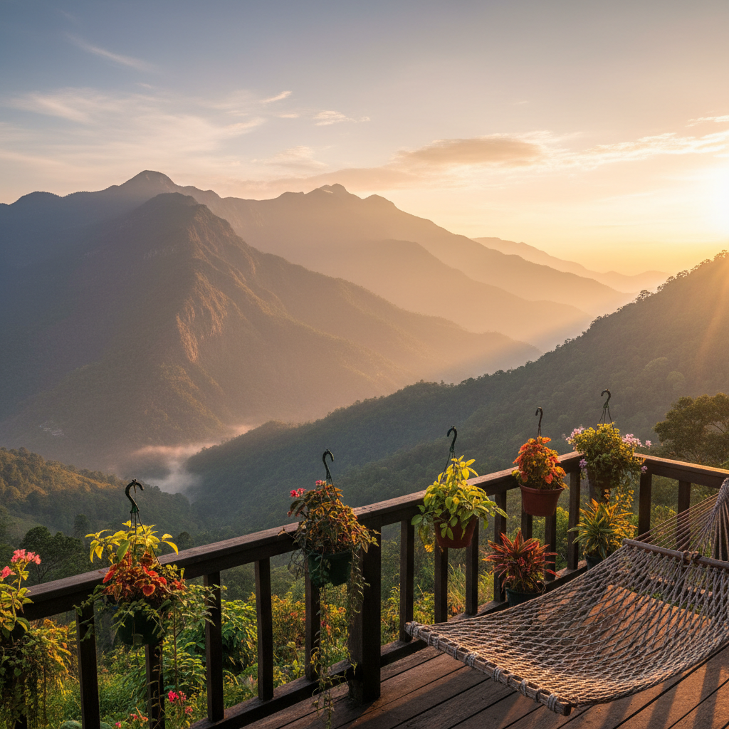 Dramatic sunrise panorama over mountain valley with deep shadows and golden light on horizon