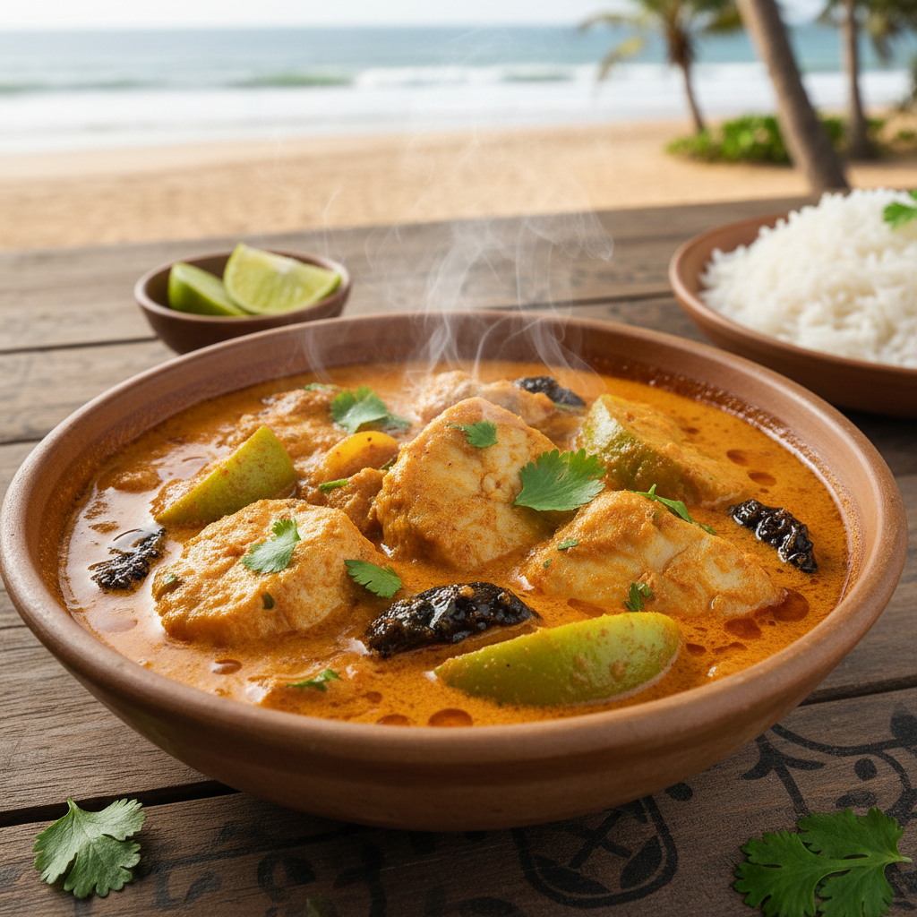 Kerala local food — fresh fish curry with coconut milk, served with steamed rice and banana chips