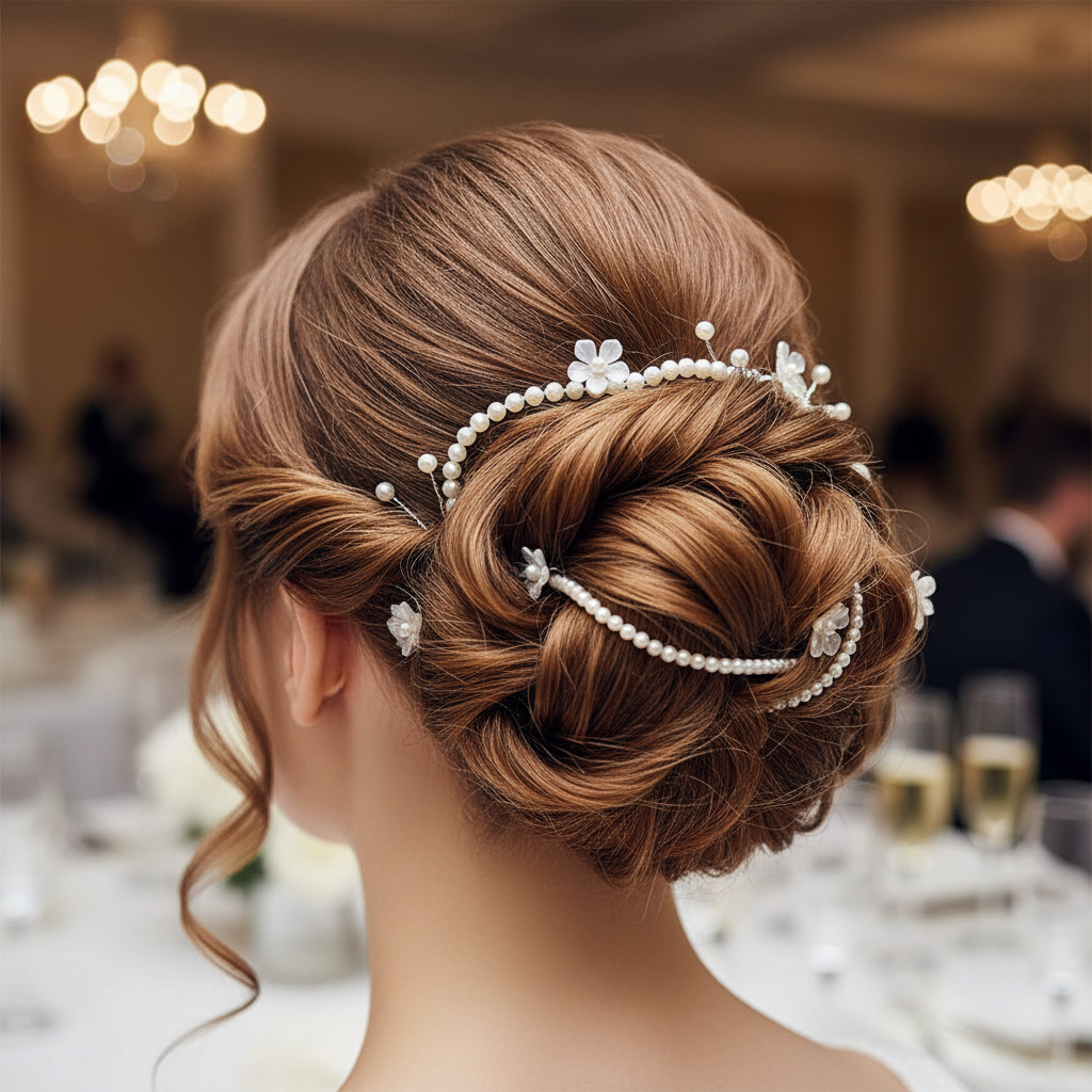 Bride with elegant updo hairstyle in soft, shadowy bridal setting with delicate floral accessories