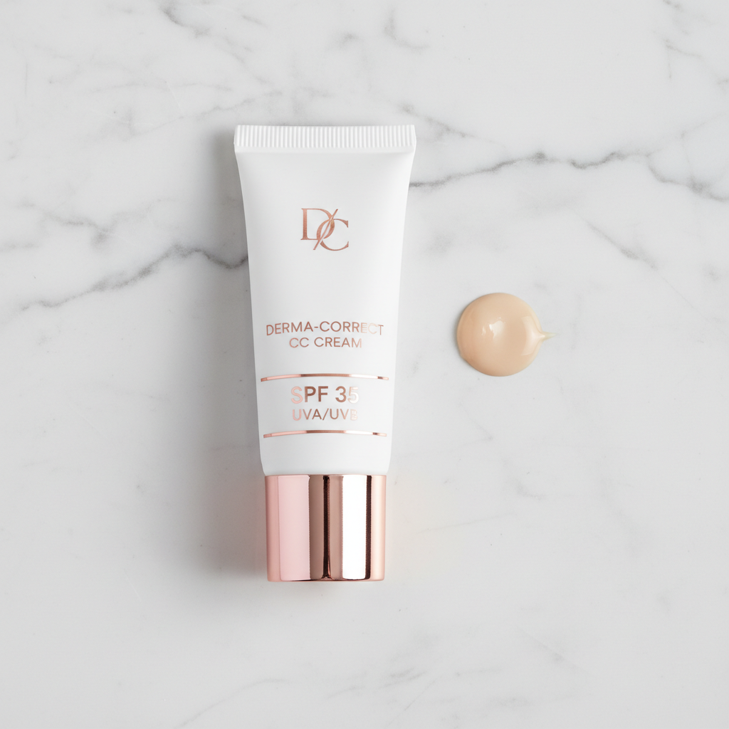 CC cream bottle with SPF protection on white background
