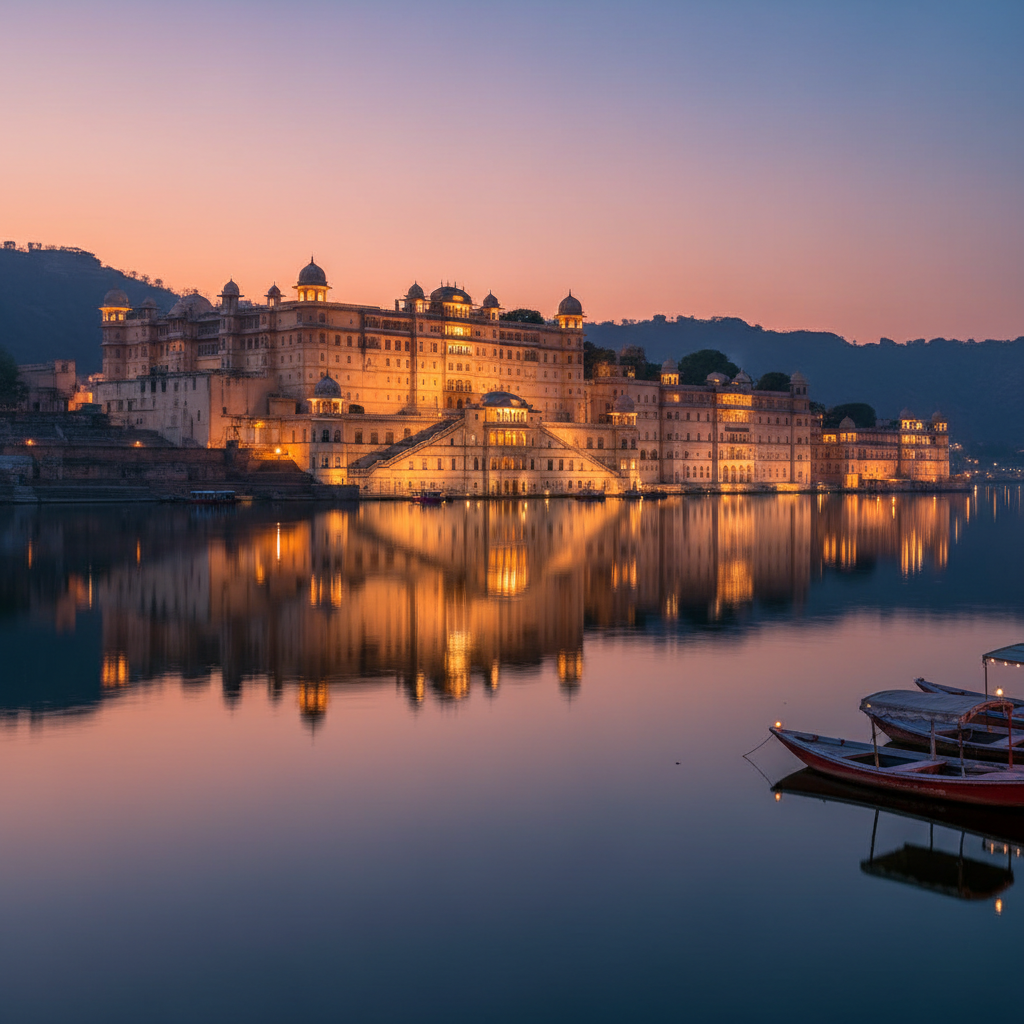City Palace Udaipur reflecting in Lake Pichola at dusk with colorful lights