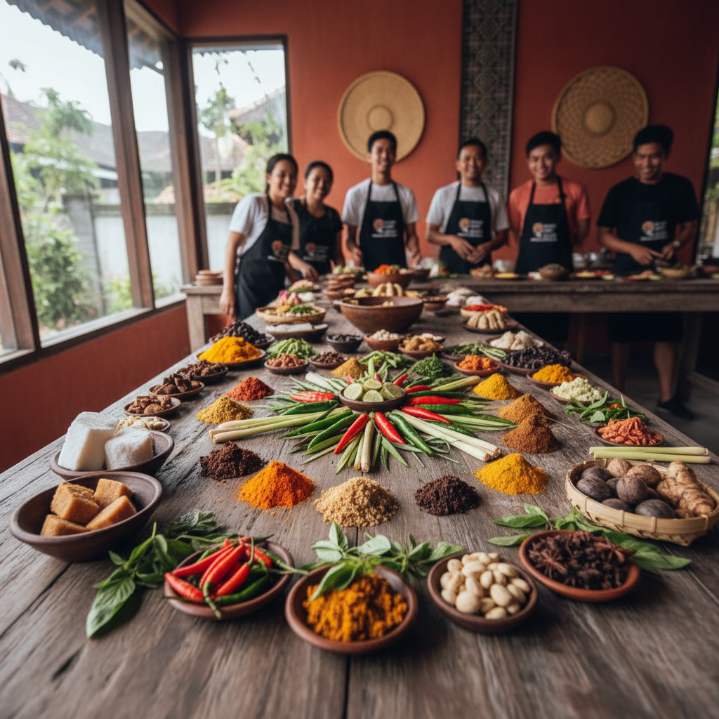 Balinese cooking class with colorful spices and fresh ingredients