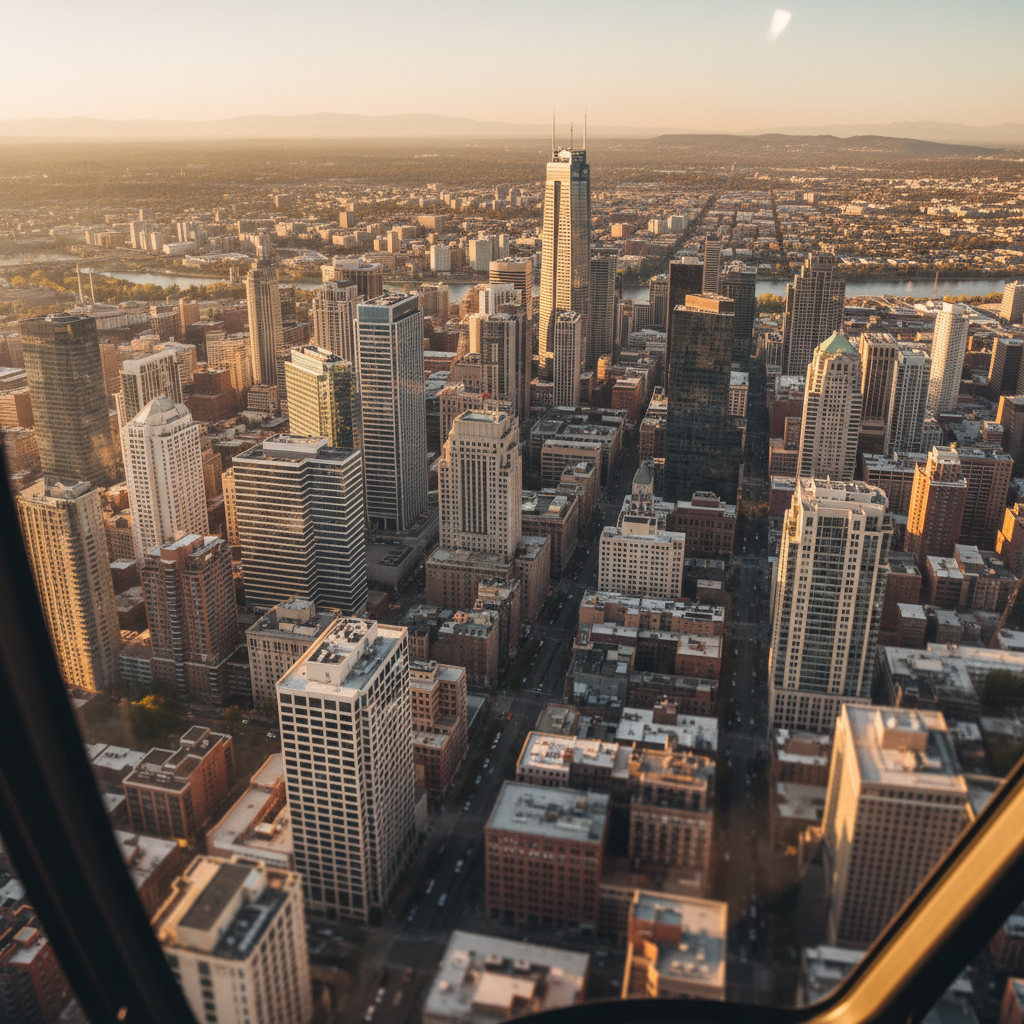 City skyline viewed from helicopter altitude, tinted glass, depth of field blur on buildings below
