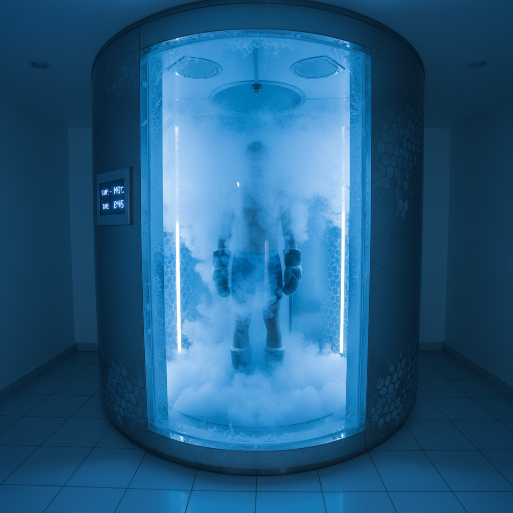 Cryotherapy chamber with blue frost atmosphere, clinical dark environment, cold mist, premium medical aesthetic