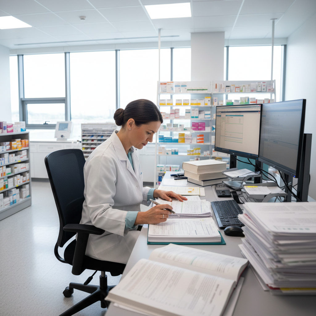 Clinical pharmacist reviewing medication charts at a hospital workstation