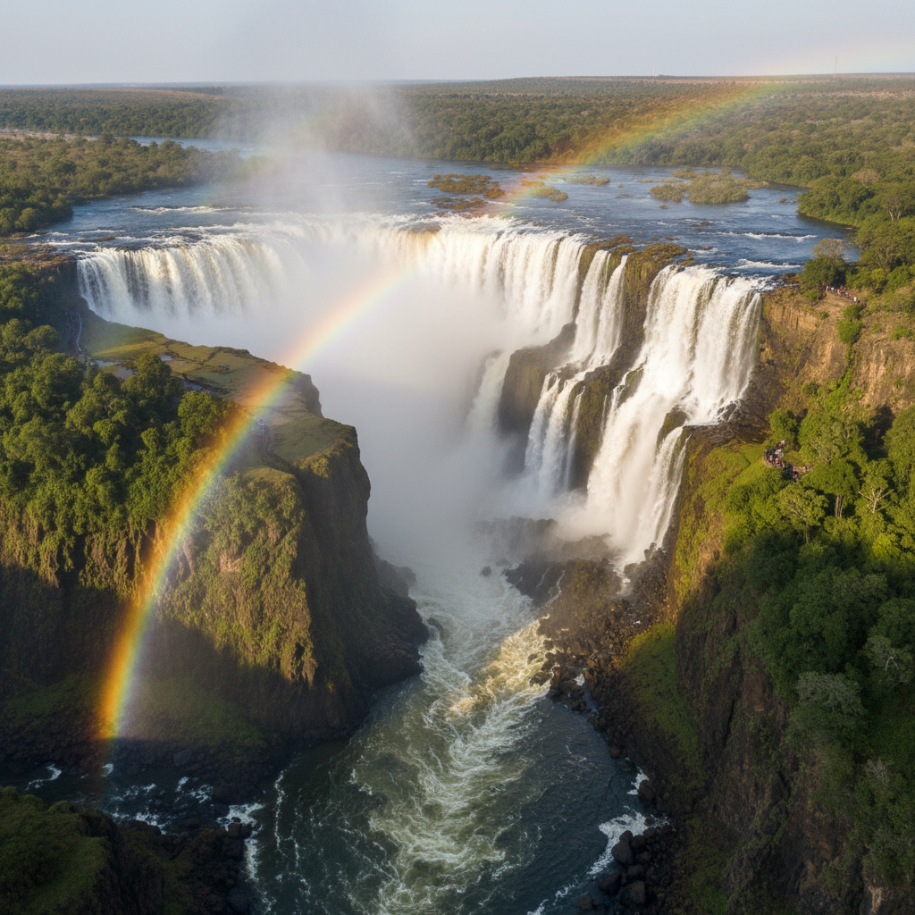 Aerial view of the Victoria Falls spray and rainbow from a helicopter flight