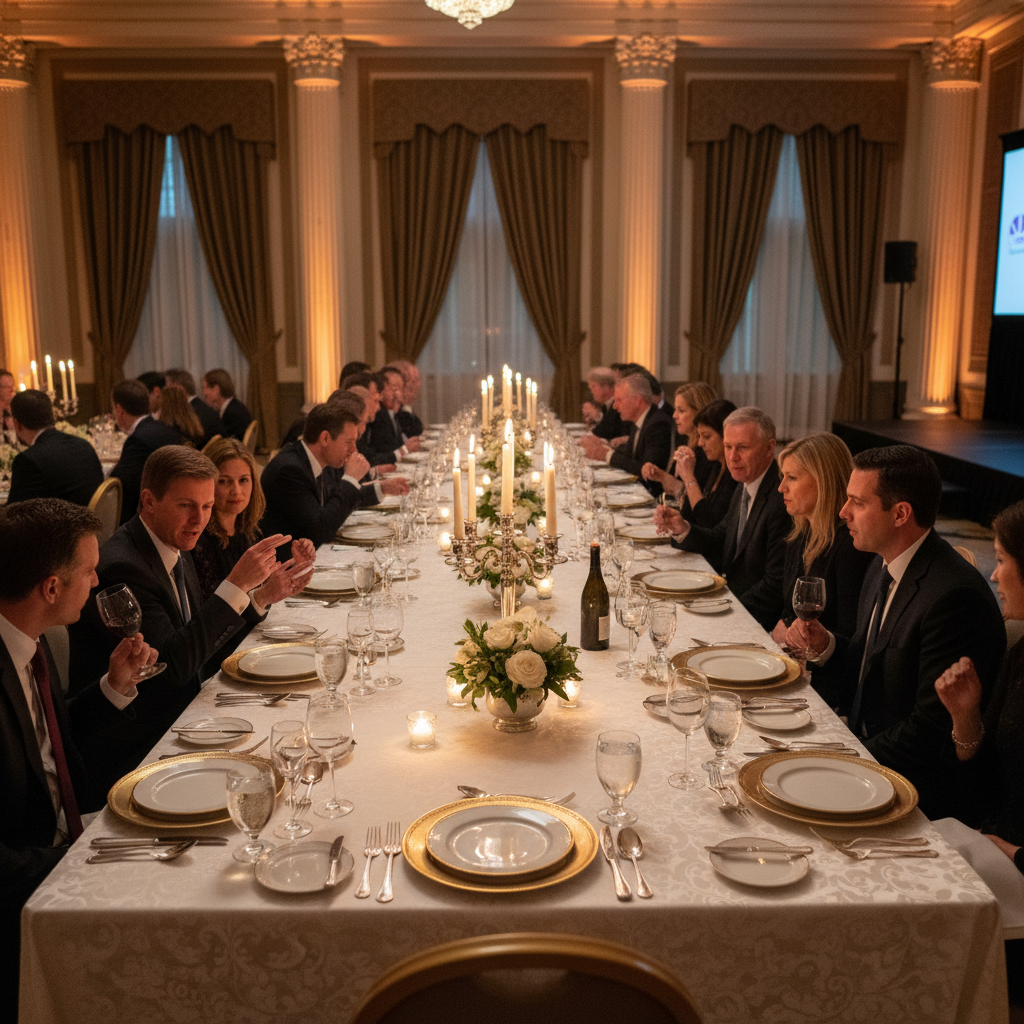 Professional corporate dinner event with elegant table settings and business guests