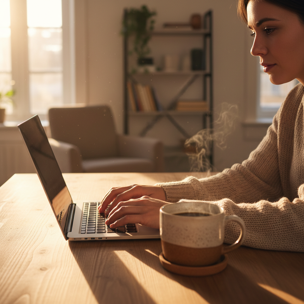 Creator at desk with laptop and coffee, golden hour light, shallow depth of field