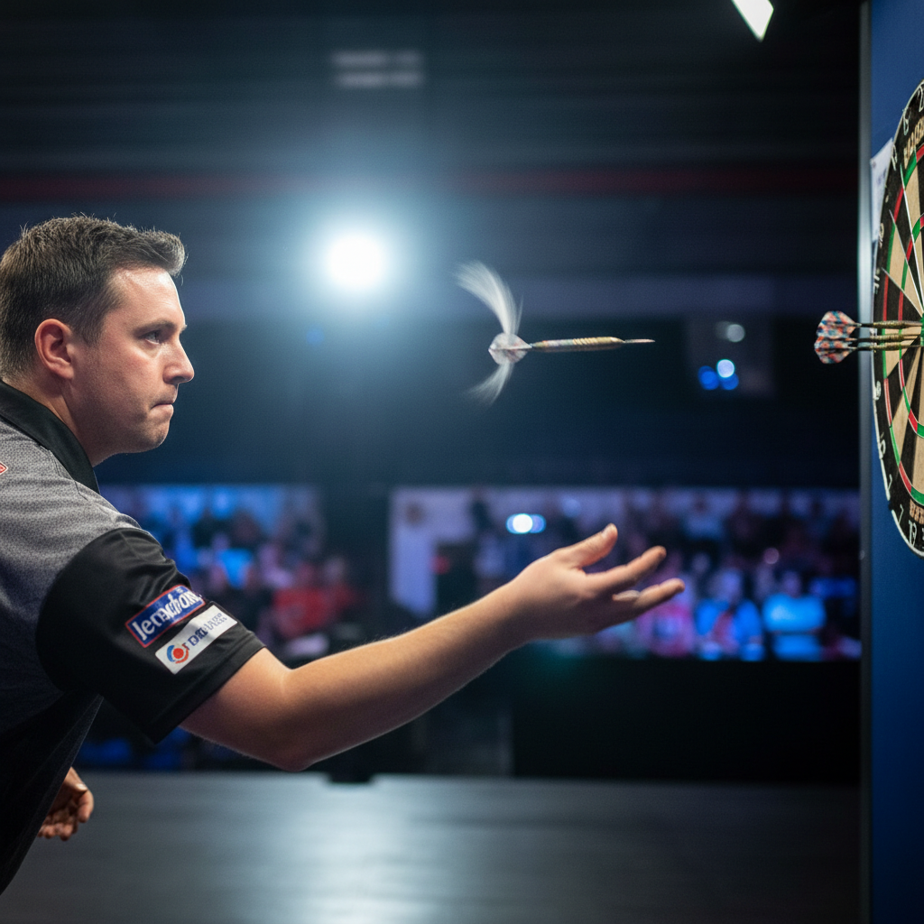 Competitive dart player mid-throw in tournament arena lighting, dart suspended in air rotating toward board