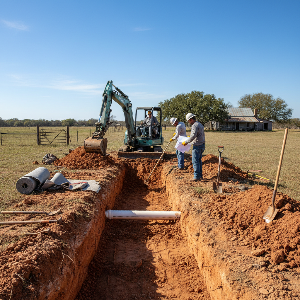 Crew performing septic system repair on rural Texas property, excavating near drain field