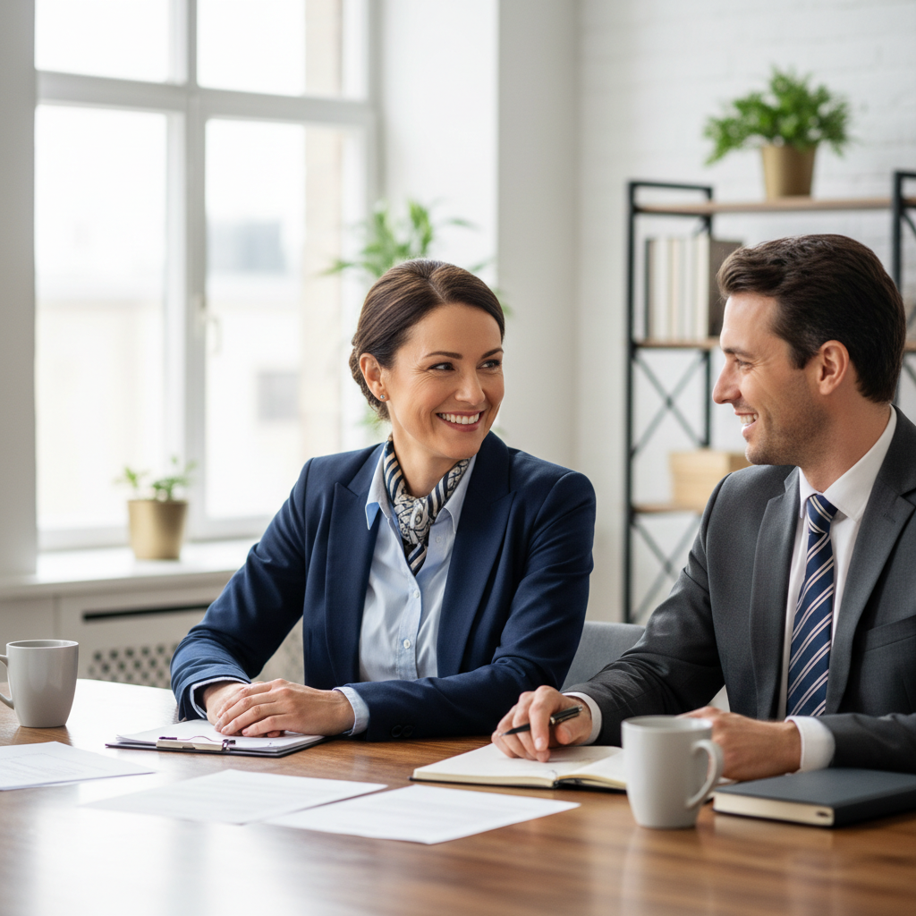 Attorney smiling at colleague across conference table