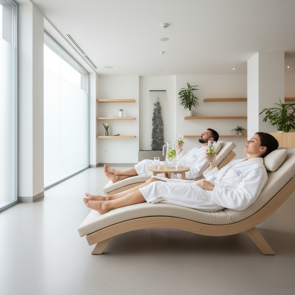 Couple in matching white robes relaxing in a spa lounge with cucumber water
