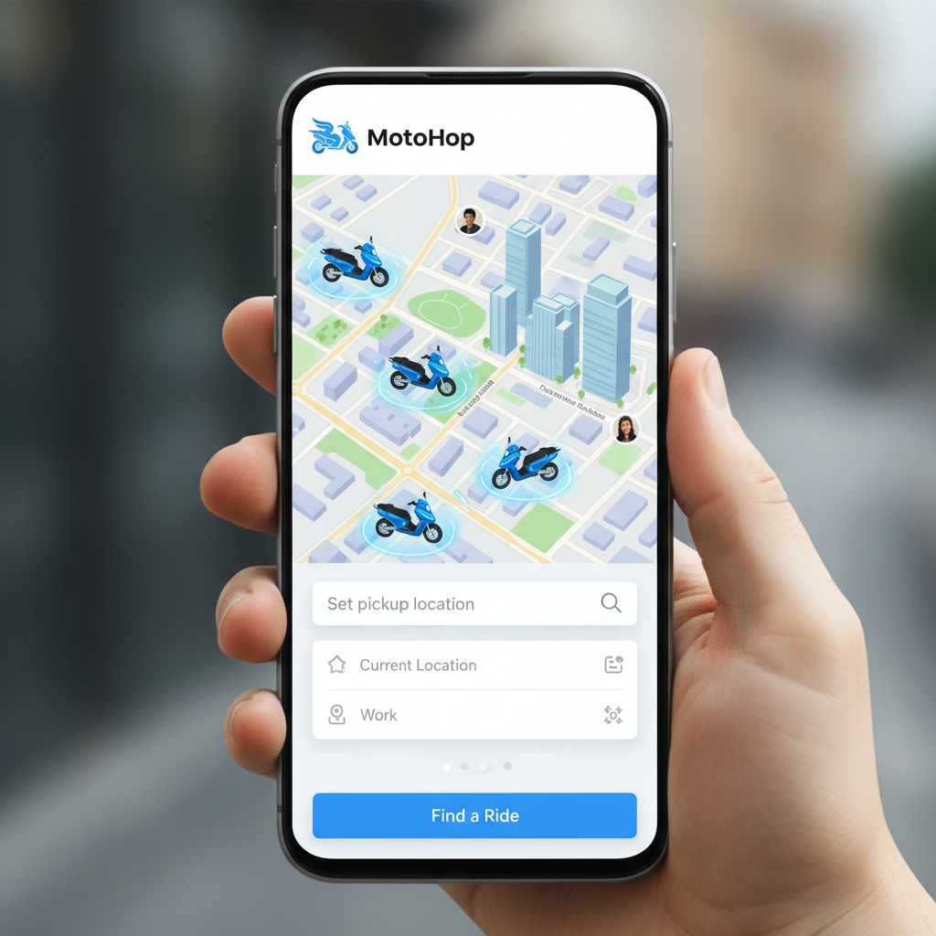 ScootRide app interface showing map with available electric scooters and booking screen