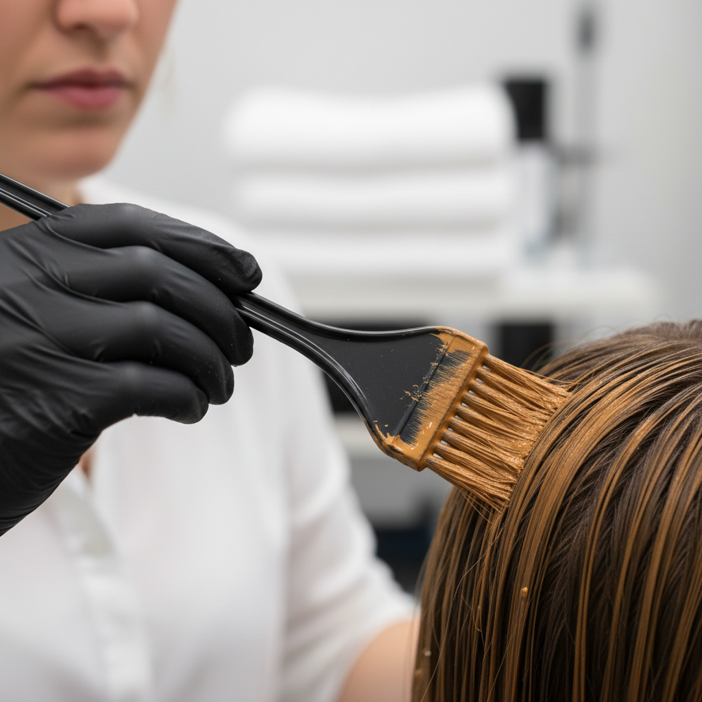 Kadeřnice nanáší barvu na vlasy zákaznice, profesionální salon, přirozené světlo