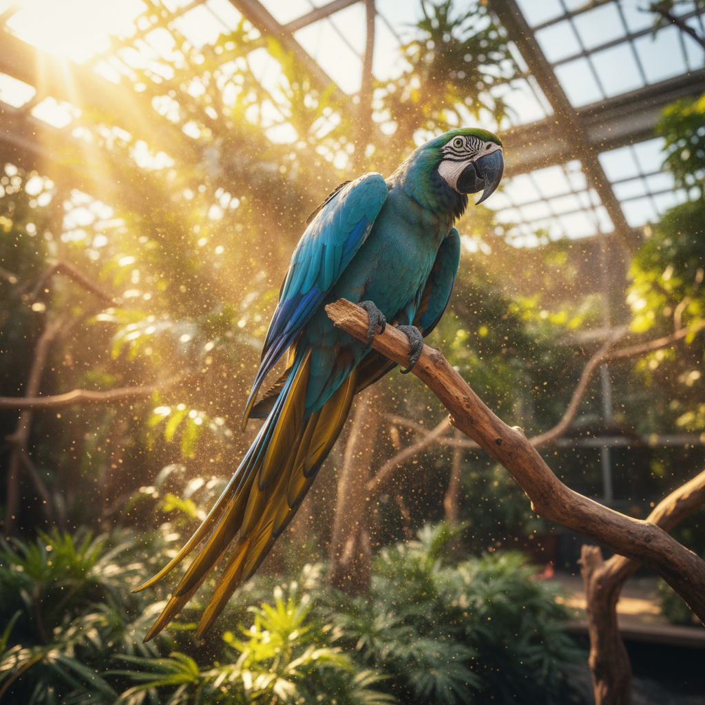 Blue macaw fanned tail catching golden dust motes in sunlit aviary, vibrant blue