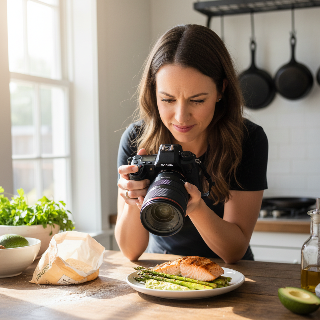 Founder in her test kitchen photographing a keto dish surrounded by almond flour and cast iron pans