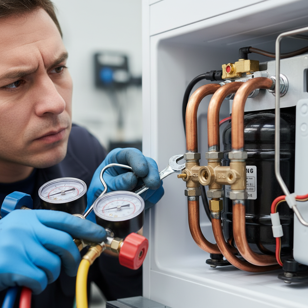 Close-up of professional tools and copper gas pipe fittings being assembled by a technician with gloved hands