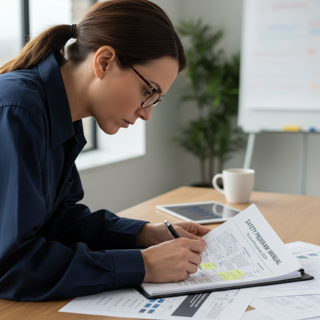 Engineer reviewing safety program documentation at a desk