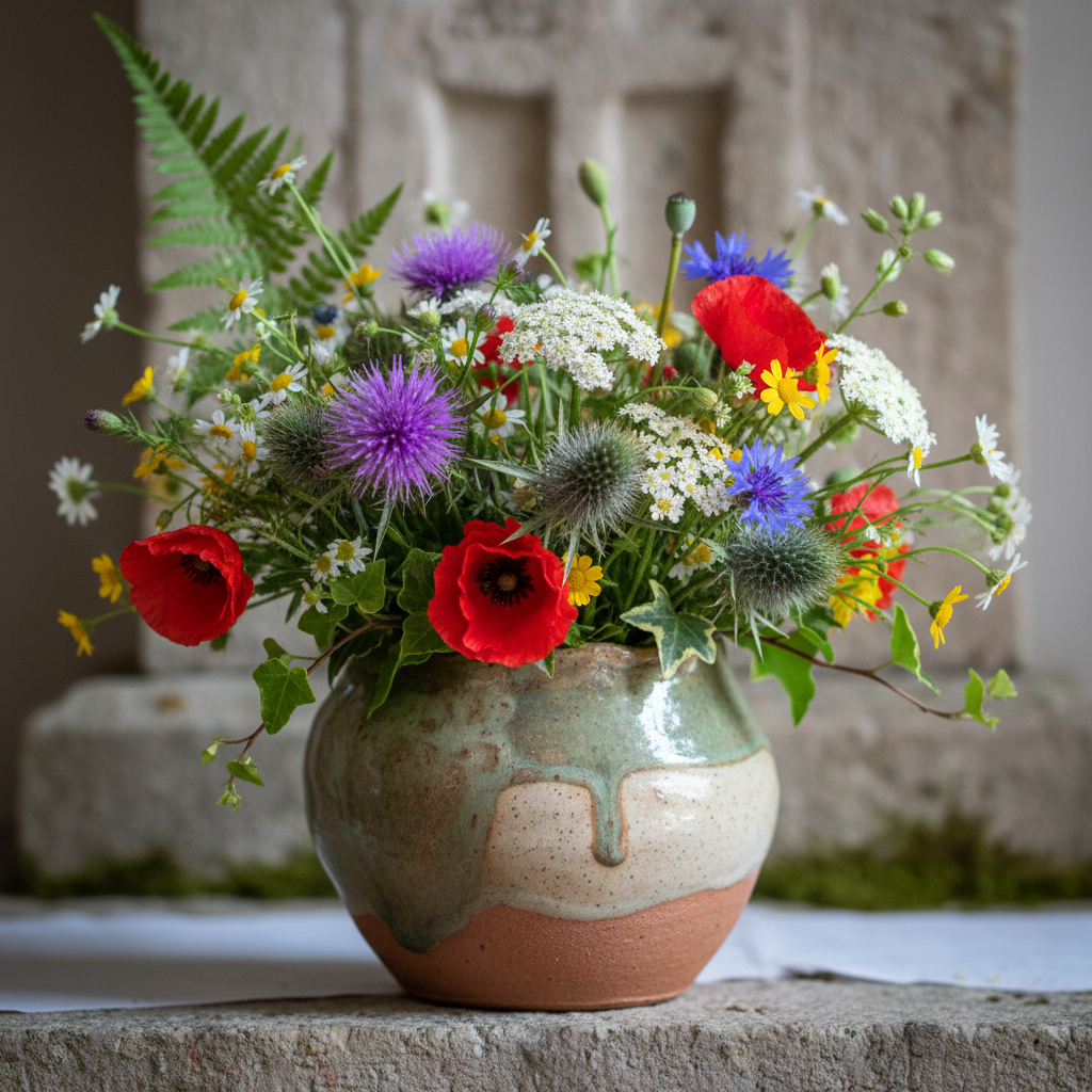 Close-up of wild floral arrangement in hand-thrown vessel on stone altar