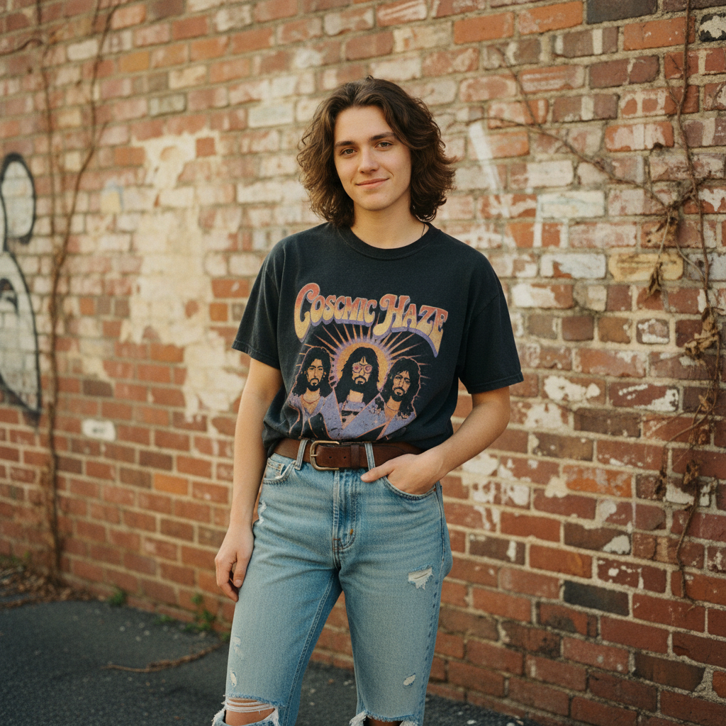 Person wearing vintage band tee tucked into worn jeans against brick wall