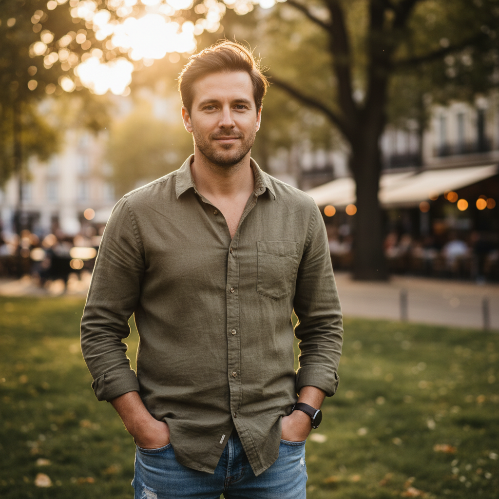 Man in casual outdoor setting, warm natural light, relaxed confident posture in a green park environment