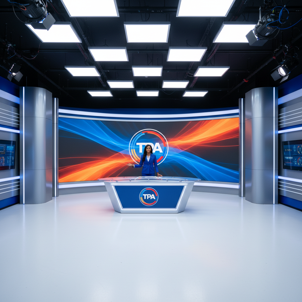 TV studio set with presenter at desk and bright studio lighting backdrop