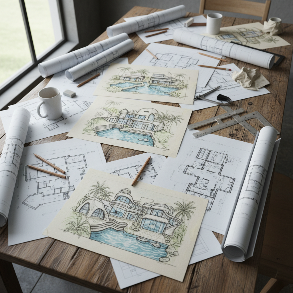 Architectural sketches and blueprints spread on a wooden table with pencils, showing early concept drawings for resort design