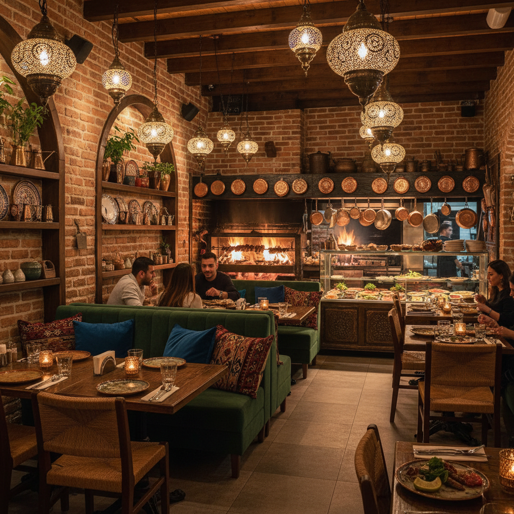 Korean BBQ restaurant interior with grills at tables, smoky atmosphere and warm lighting