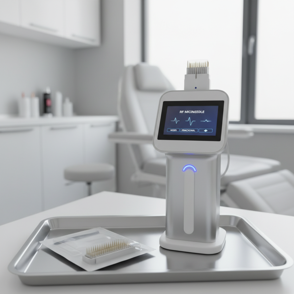 RF microneedling treatment being performed on a woman's face in a clean professional aesthetic clinic
