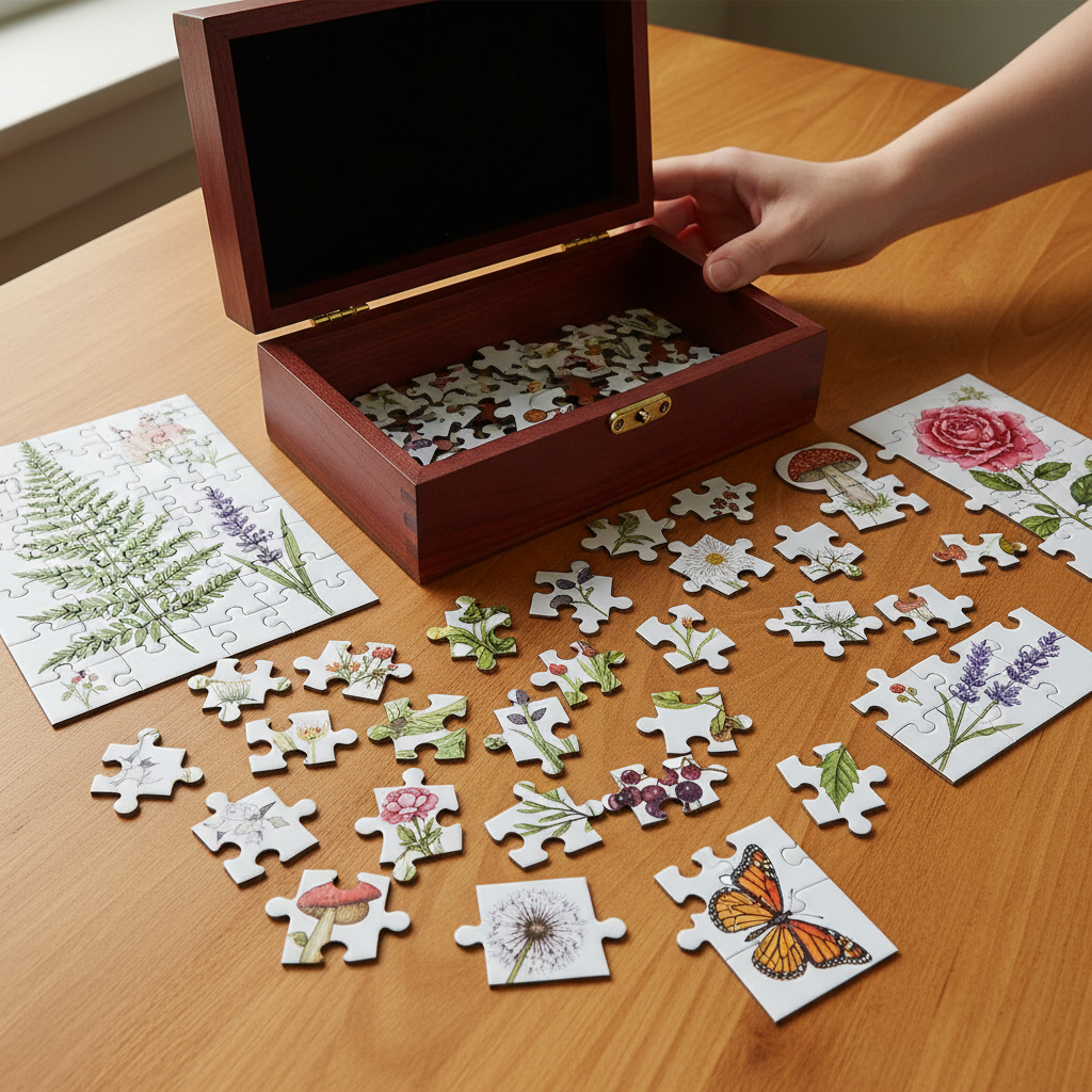 Open puzzle box with hand-illustrated botanical jigsaw pieces scattered on maple table