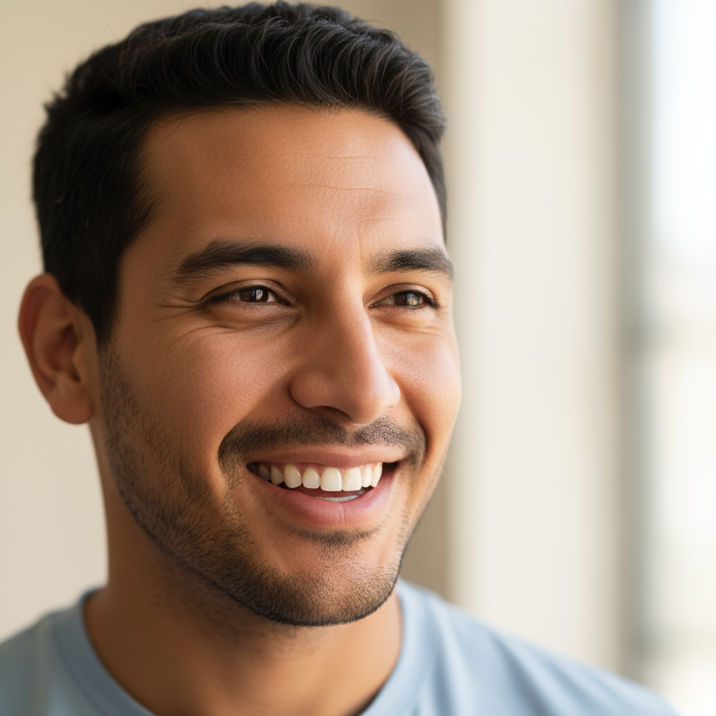 Charismatic Hispanic man with confident smile wearing white linen shirt on tropical beach with luxury yacht background