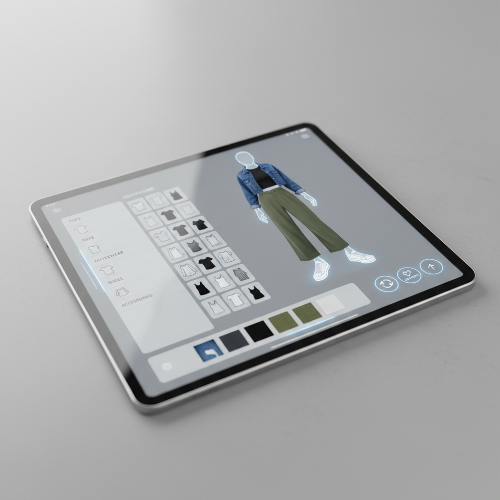 Kit builder interface showing color picker, collar selector and fabric swatches on laptop screen