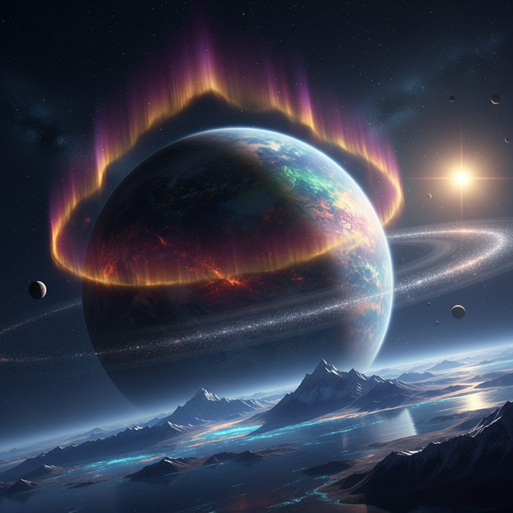 Bright glowing alien planet surface with vibrant purple and blue atmosphere