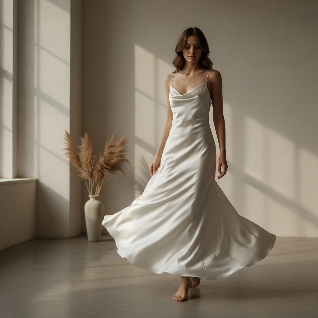 Silk slip dress back view on model, bright open space, clean background