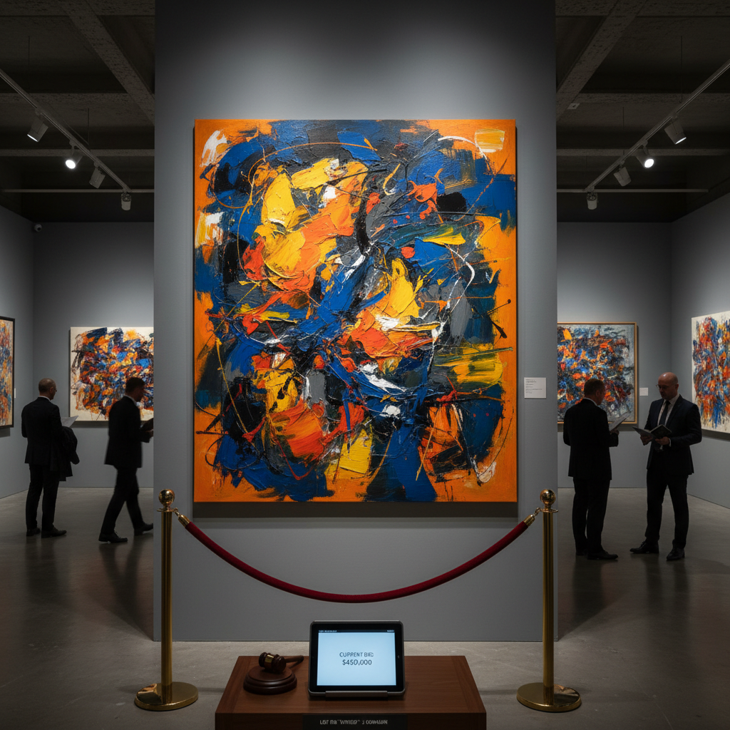 Abstract expressionist artwork on canvas, gallery wall lighting, art auction display