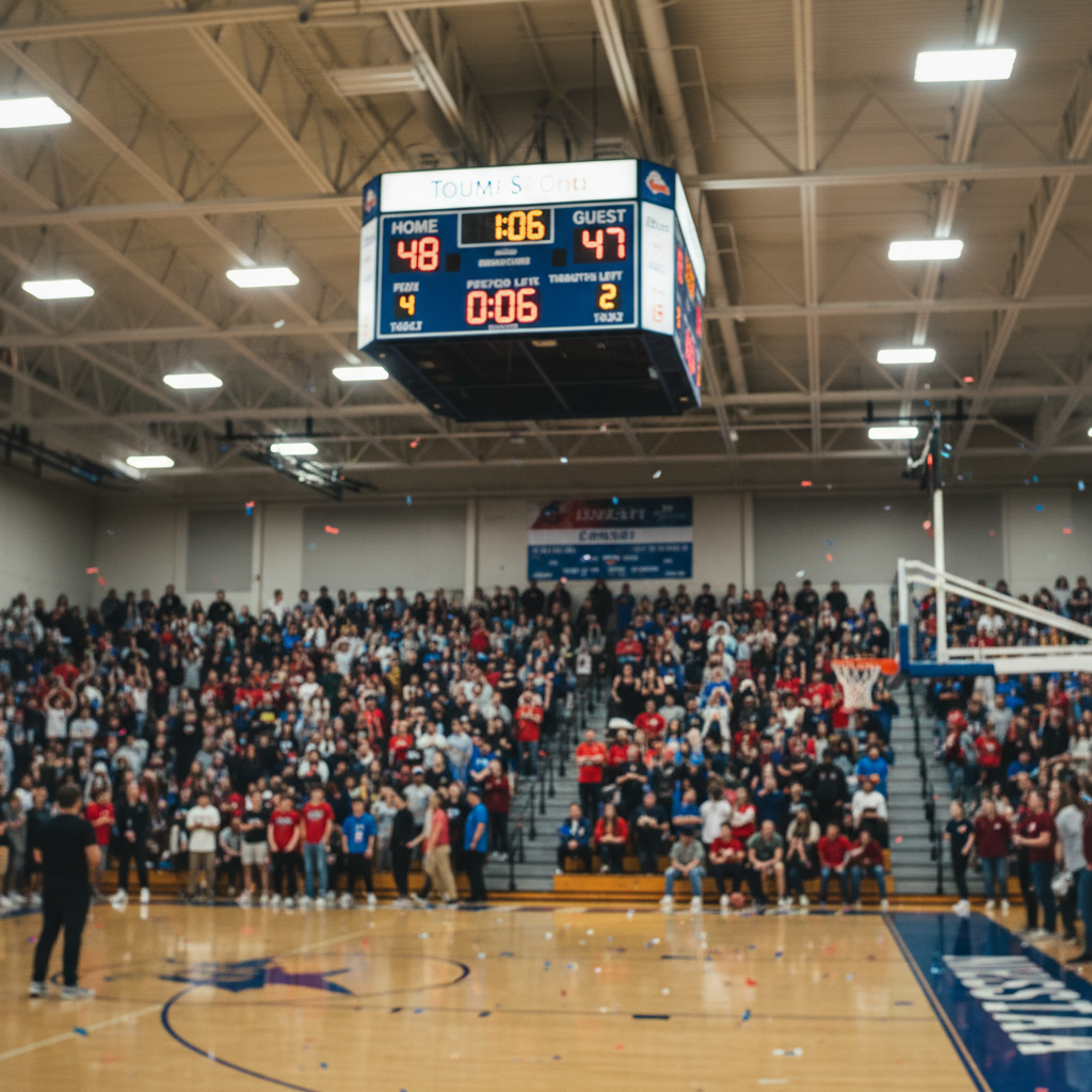 Packed gymnasium scoreboard frozen at 48-47 with six seconds left