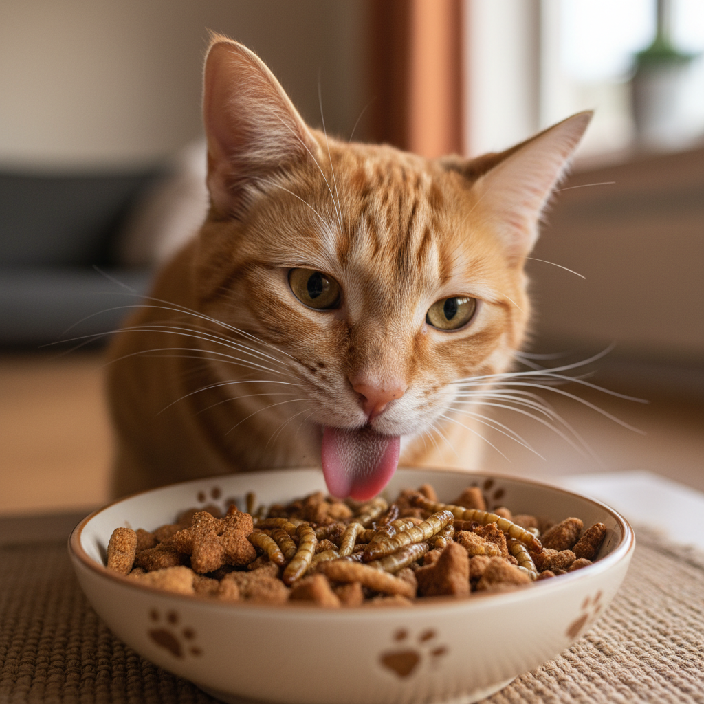 Newton eating heartily from a bowl of cat biscuits and mealworms