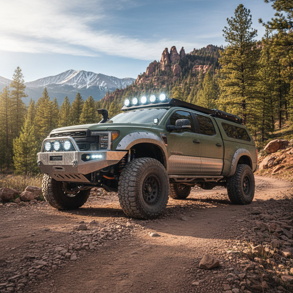 Fully kitted off-road truck with upgraded suspension, armor, and LED lighting eating rough terrain flat