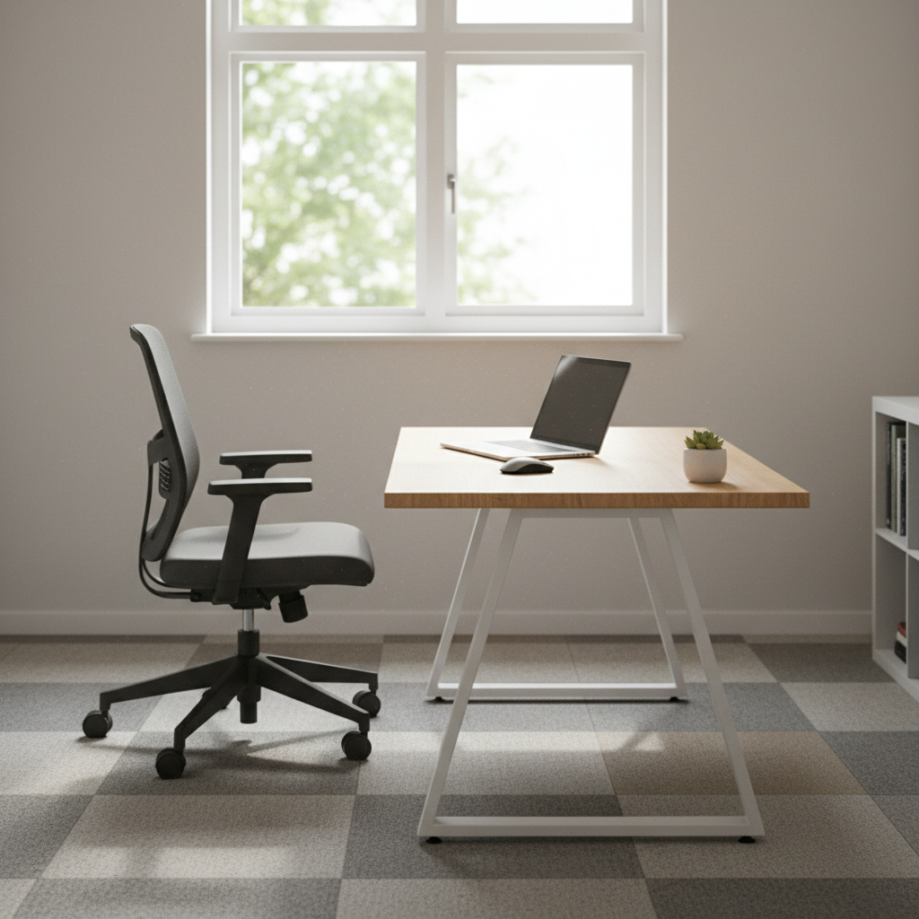 Basic home office with minimal decoration and poor lighting