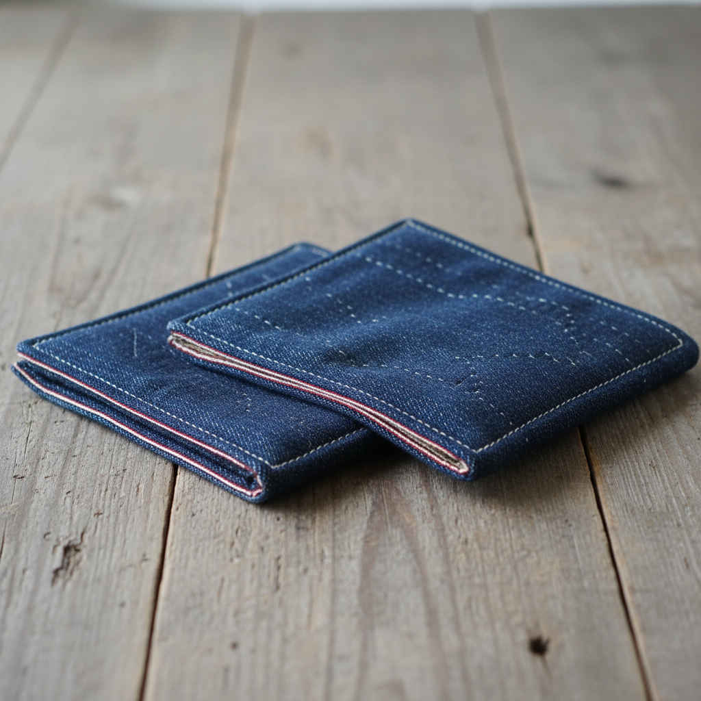 Indigo dyed Japanese selvedge denim pot holders folded on wooden surface