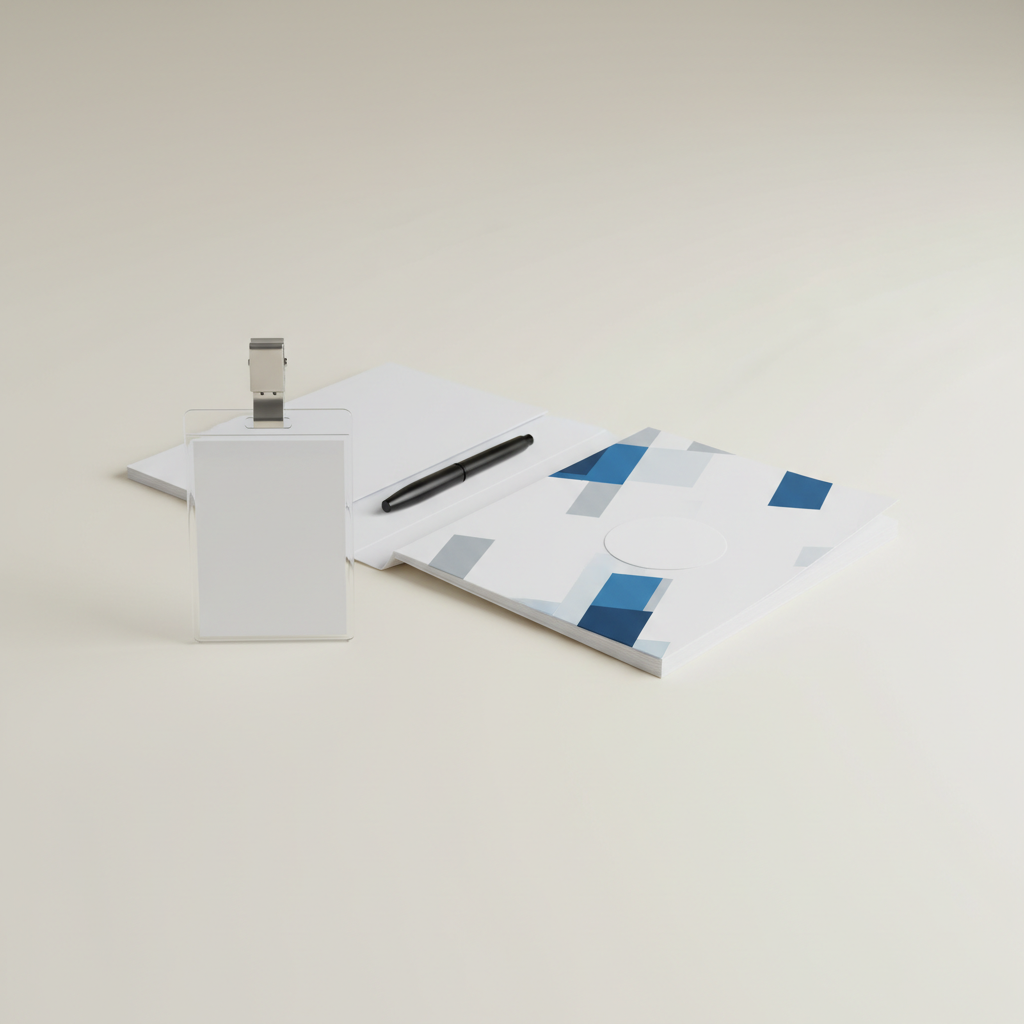 Plain corporate event name badge and generic welcome packet
