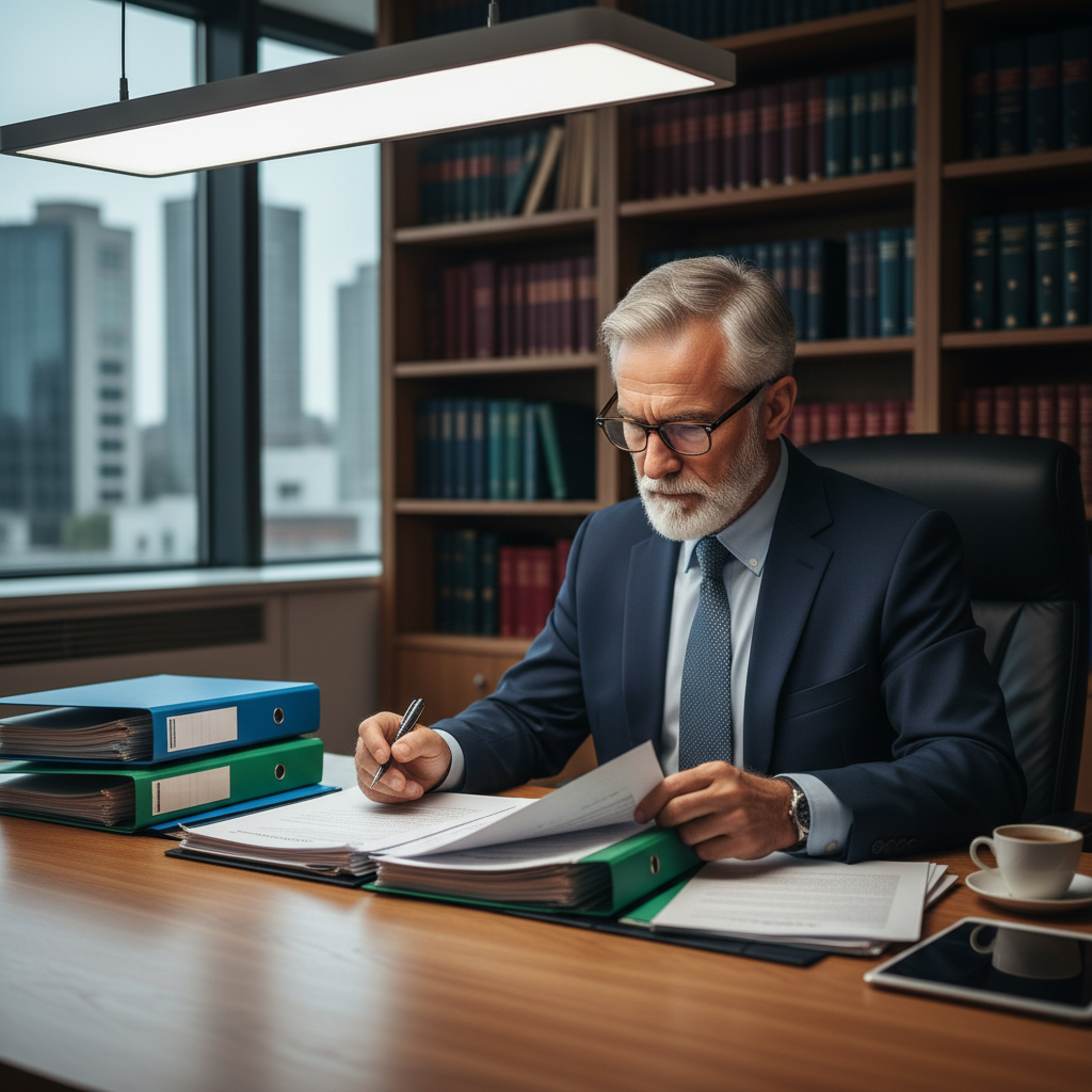 Senior male professional in formal shirt reviewing compliance documents at clean desk with organised file folders