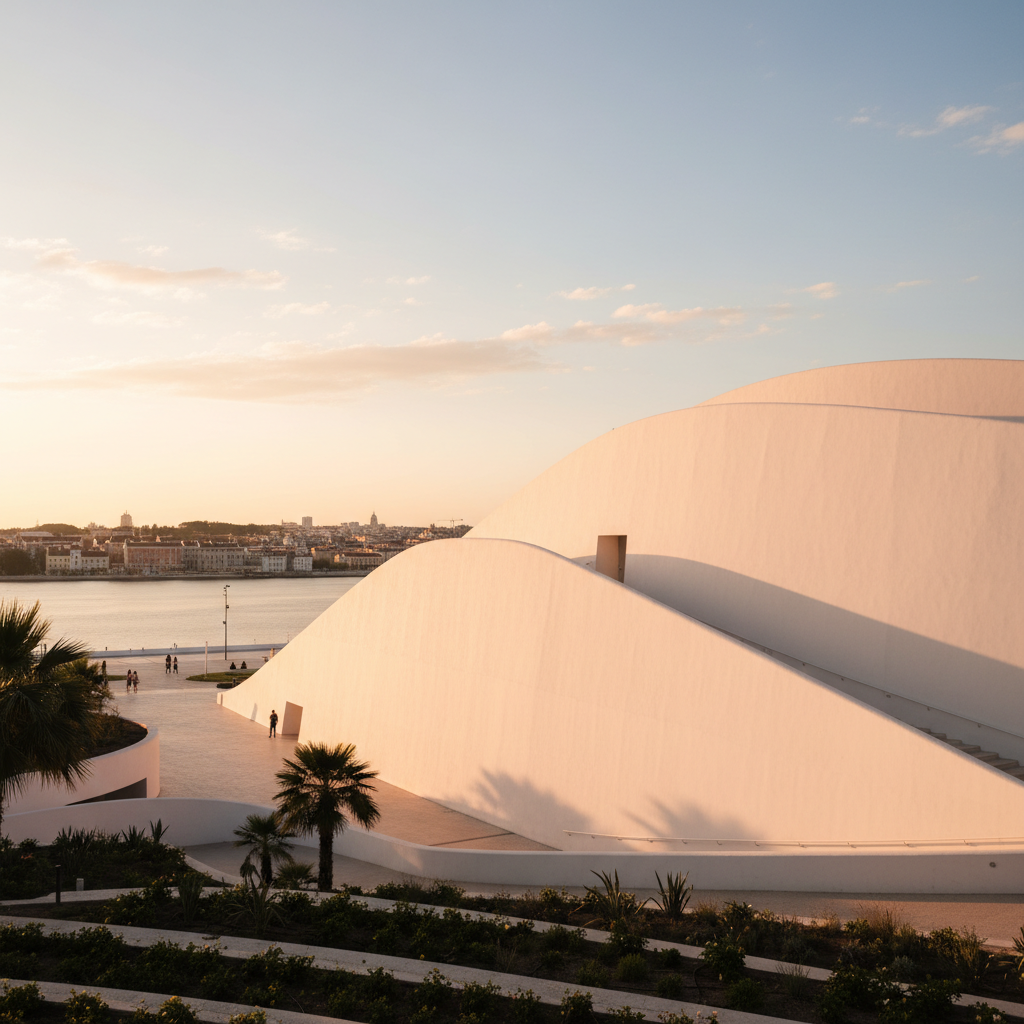 Solaris Pavilion Lisbon — white curved walls catching warm late-afternoon sunlight