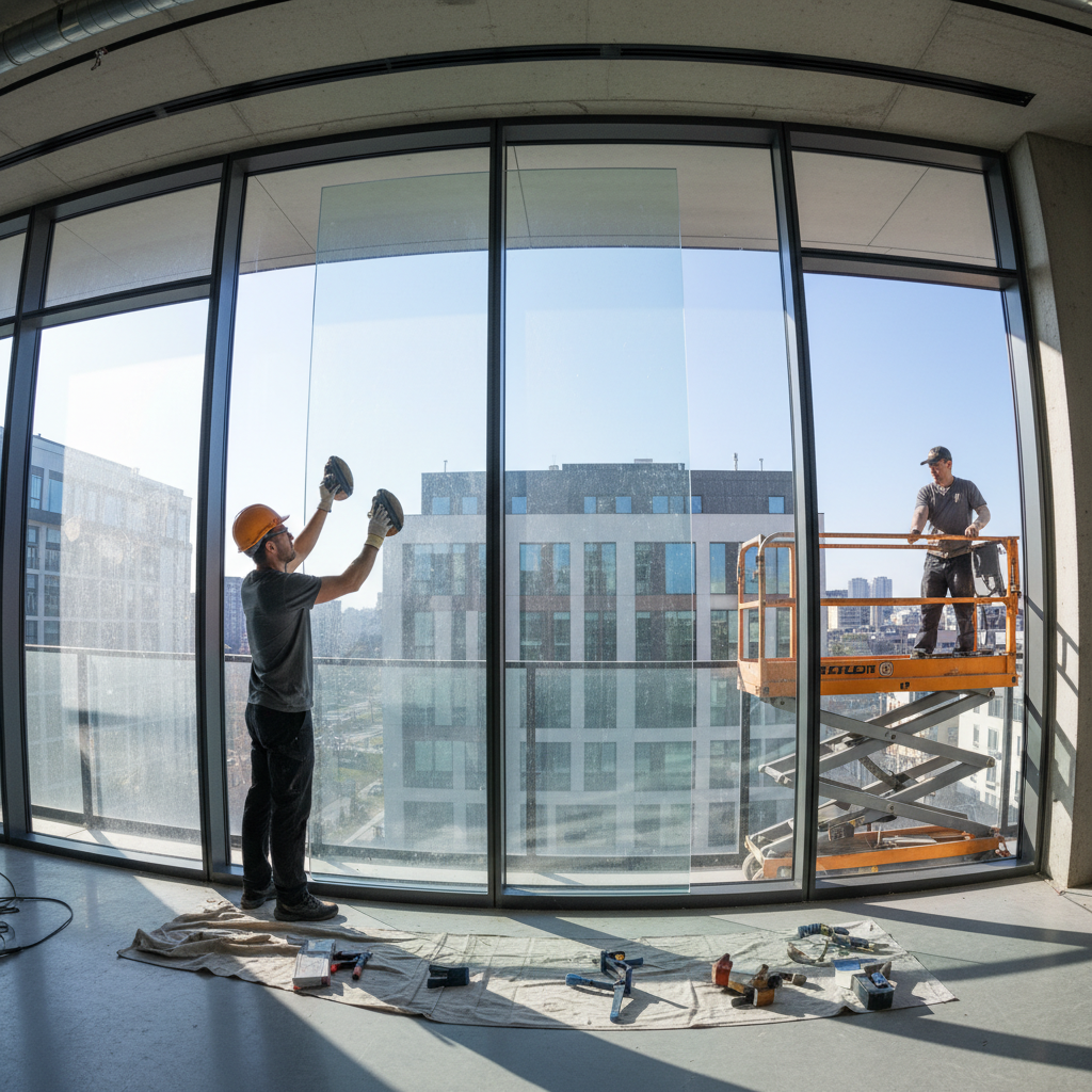 Glazier fitting window in bright home, professional glass installation, daylit setting