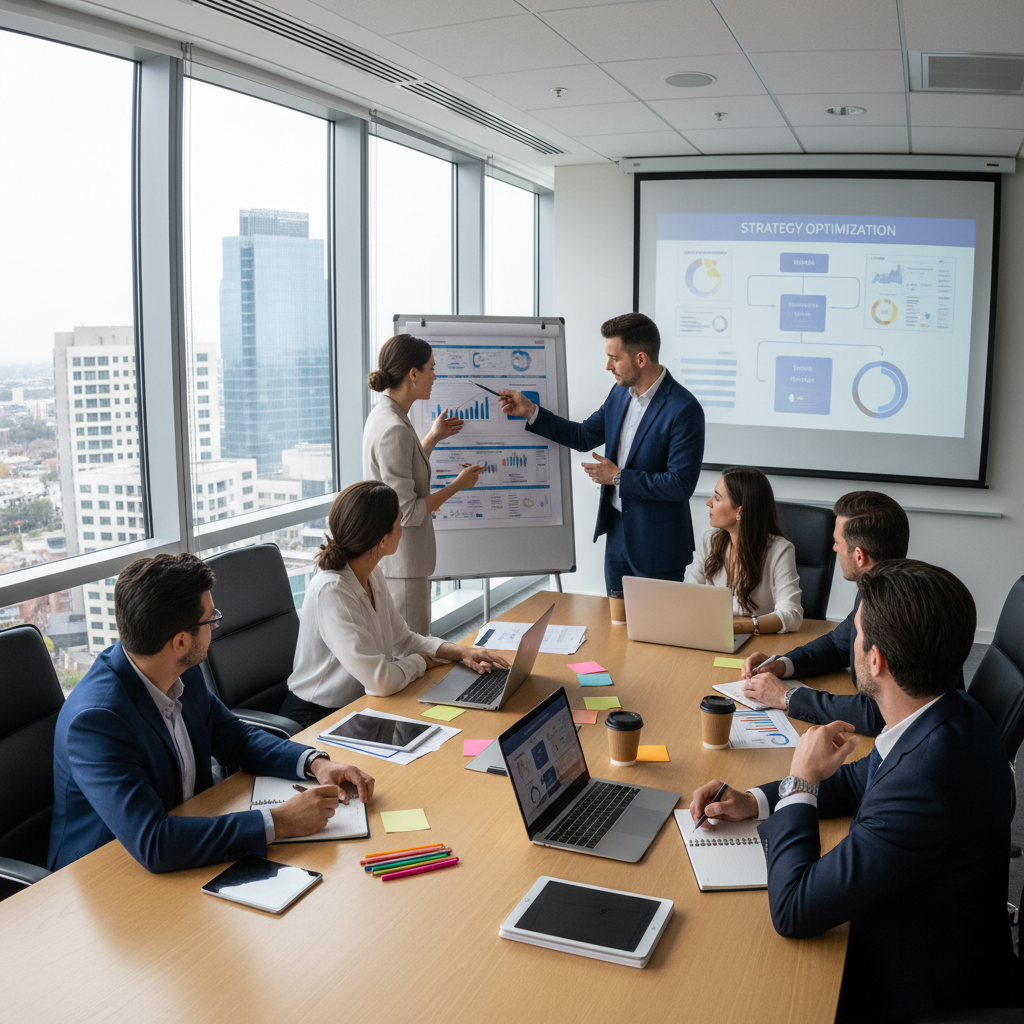 Executive leader presenting strategy to board in bright modern corporate boardroom