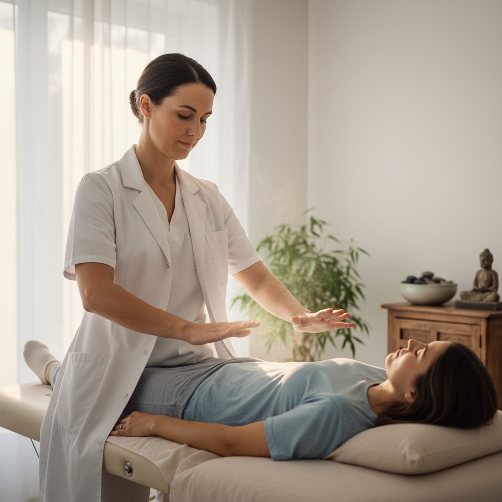 Energy healing session with practitioner performing Reiki therapy in peaceful spa environment