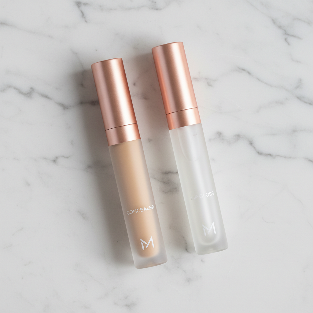 Set of luxury lip gloss tubes in pink and nude shades on marble surface