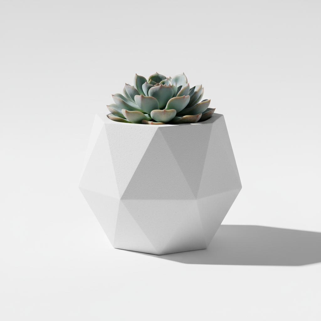 3D printed angular geometric planter pot with a small succulent plant on white background