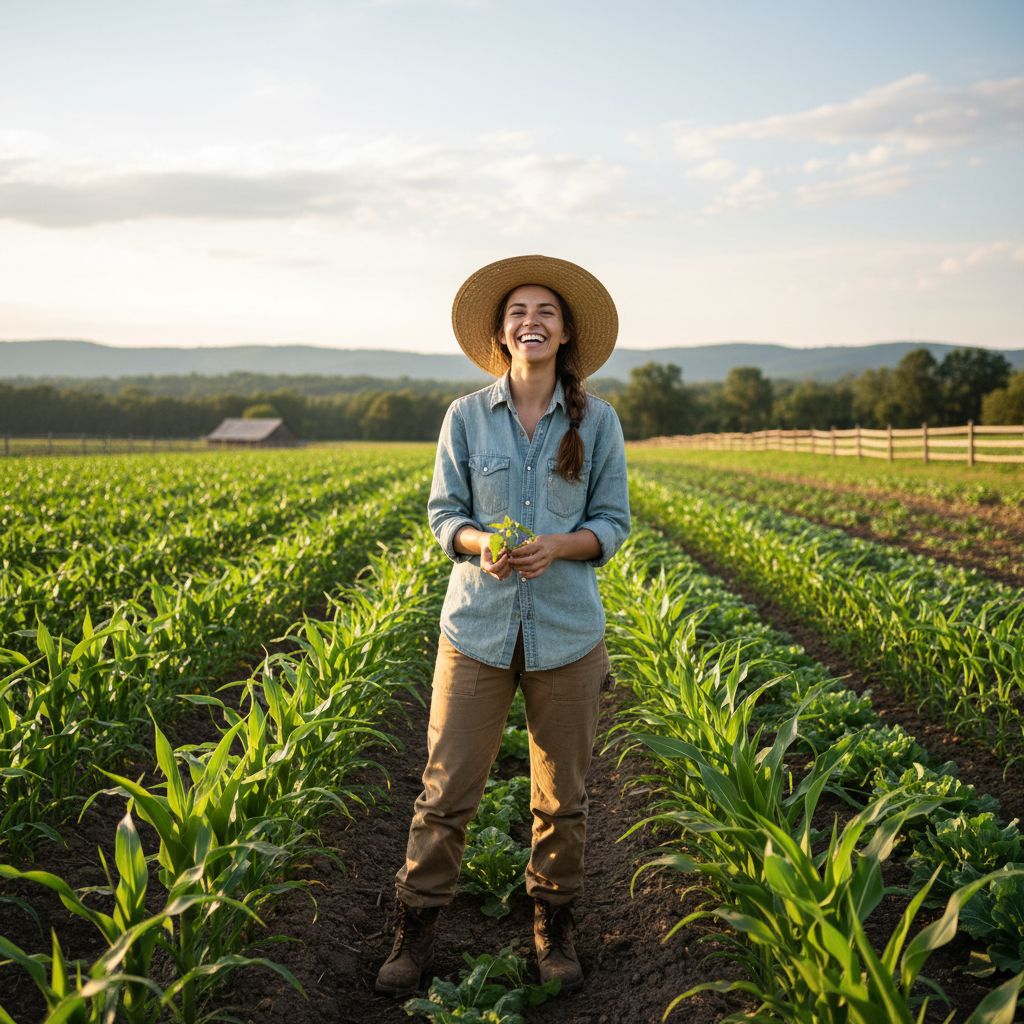Young woman farmer smiling outdoors in agricultural setting