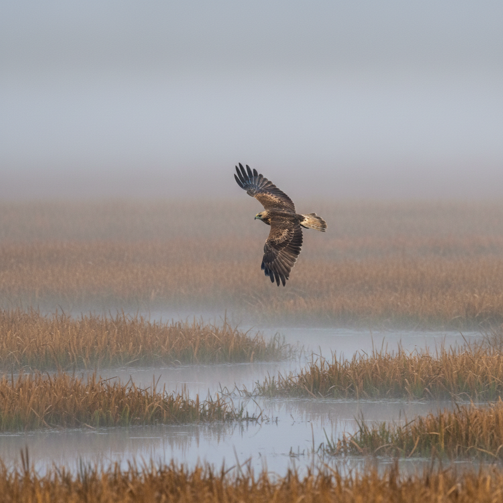 Marsh harrier banking over reed bed in morning mist, brown and cream plumage against grey sky